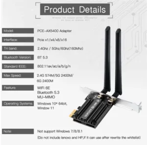 Fenvi AX5400 PCI-E Wi-Fi 6E + BT5.3 (MT7922) 5378Mbps 6 03fenvi ax5400